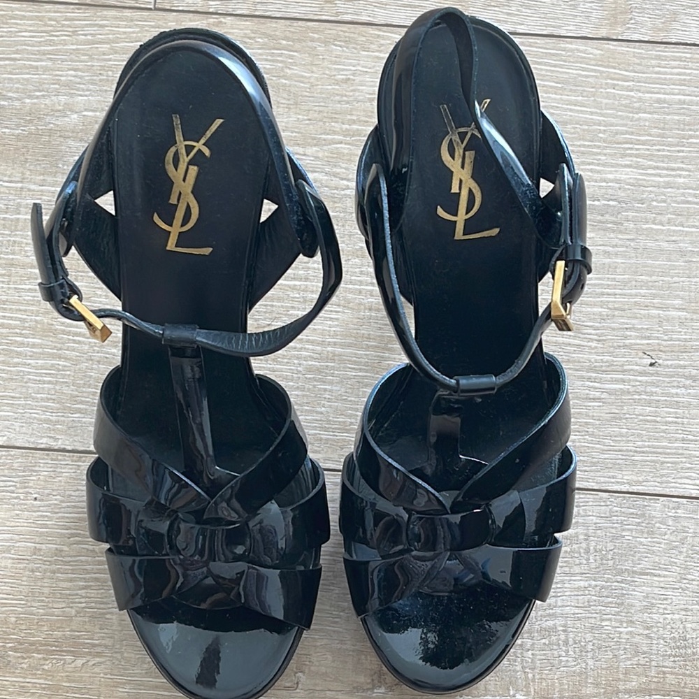 YSL black patent platform sandal